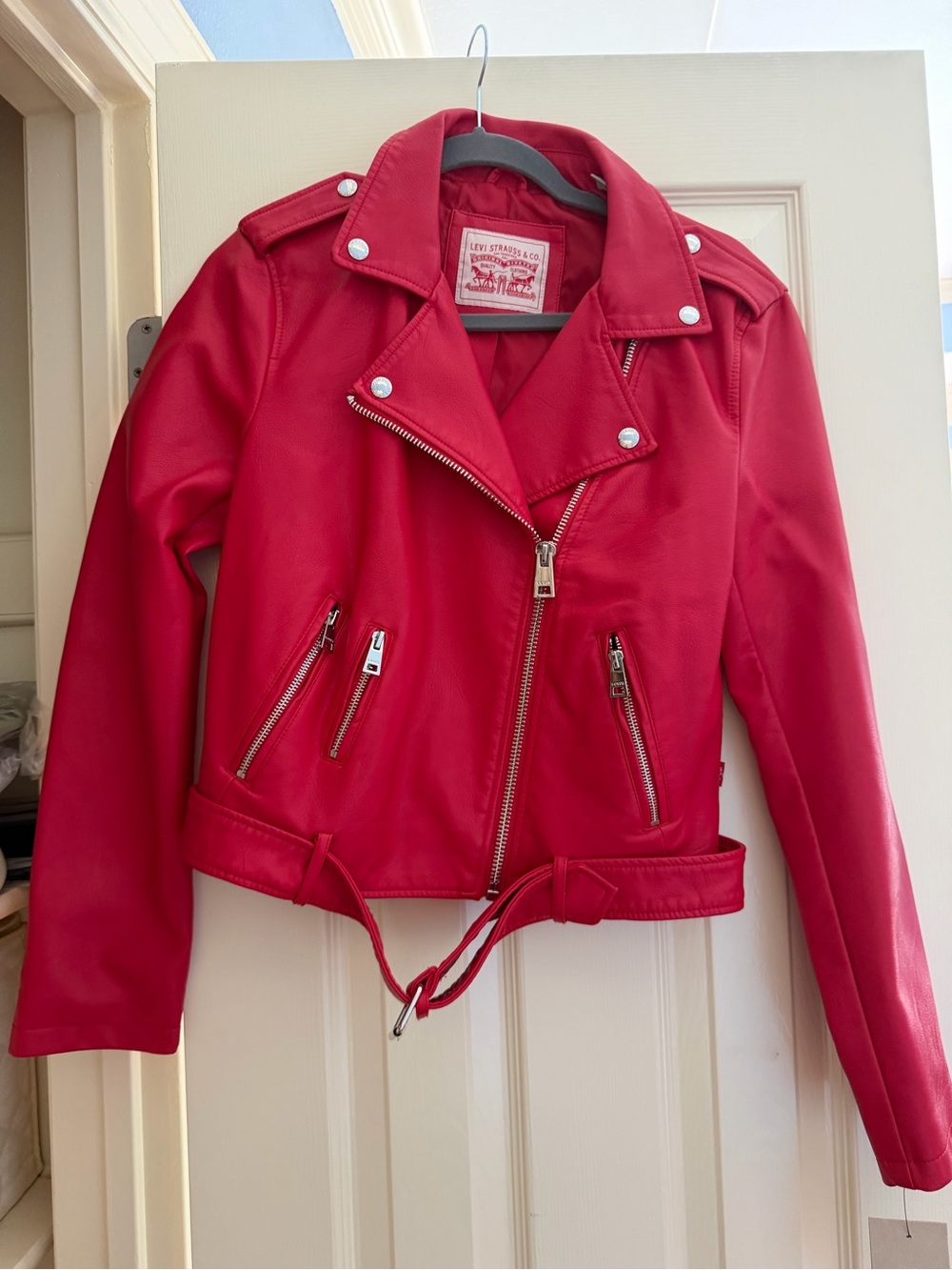 Levi's Bright Red Women's Faux Leather Moto Jacket with Belt